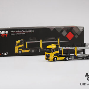 MINI GT #137 — Mercedes-Benz Actros Yellow w/Car Carrier