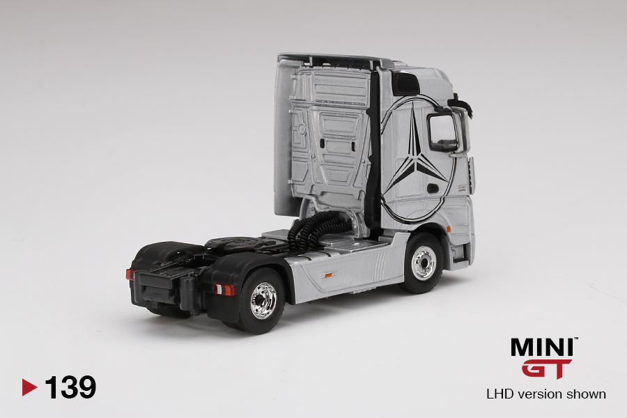 MINI GT #139 — Mercedes-Benz Actros Silver w/ Black Mercedes Logo - Image 3
