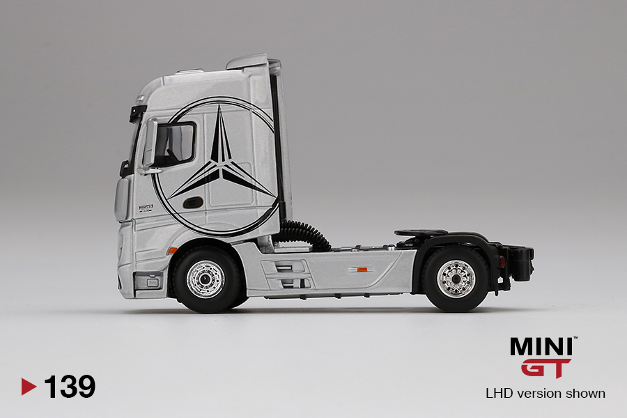 MINI GT #139 — Mercedes-Benz Actros Silver w/ Black Mercedes Logo - Image 4