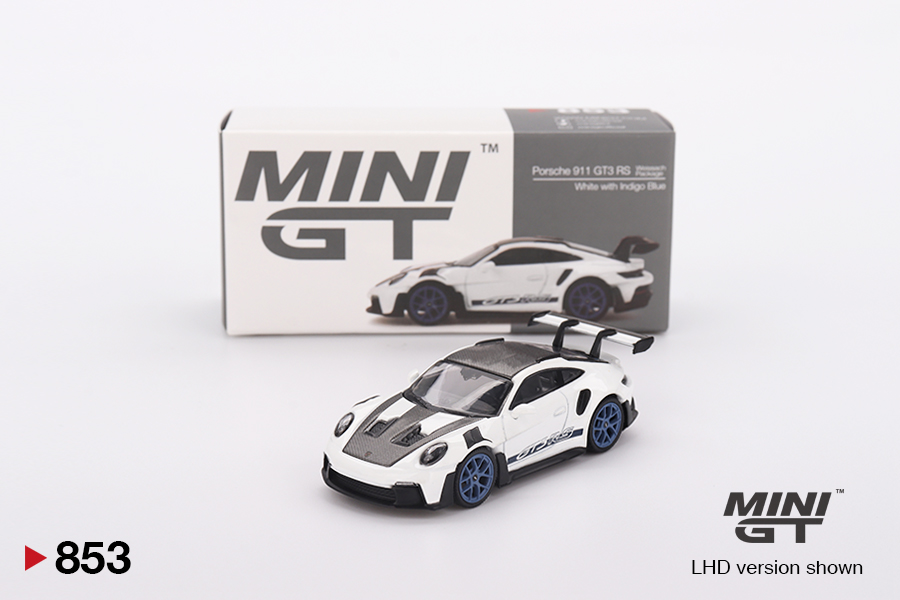 MINI GT #853 — Porsche 911 (992) GT3 RS Weissach Package White with Indigo Blue