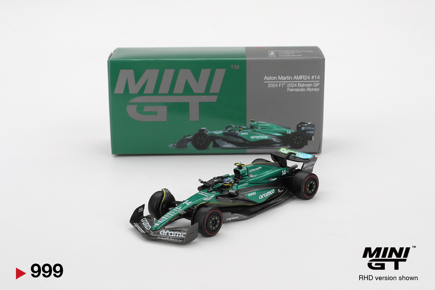 MINI GT #999 — Aston Martin AMR24 #14 Fernando Alonso 2024 F1 2024 Bahrain GP