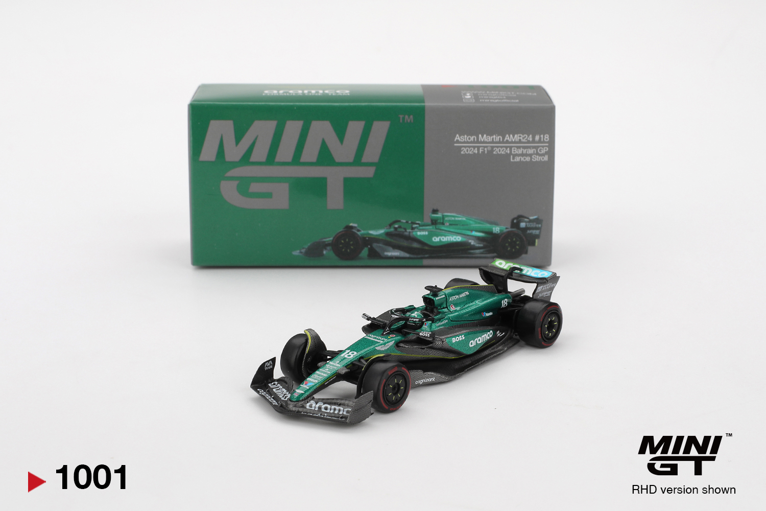 MINI GT #1001 — Aston Martin AMR24 #18 Lance Stroll 2024 F1 2024 Bahrain GP