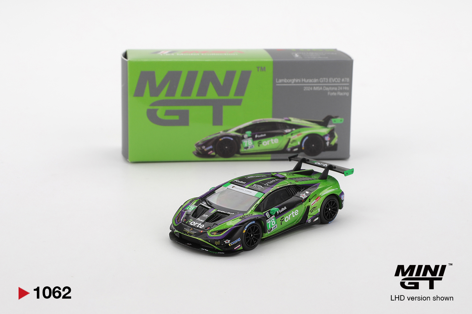 MINI GT #1062 — Lamborghini Huracán GT3 EVO2 #78 Forte Racing 2024 IMSA Daytona 24 Hrs