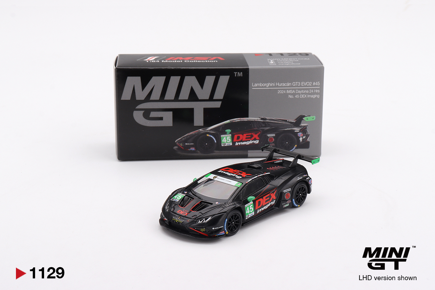 MINI GT #1129 — Lamborghini Huracán GT3 EVO2 #45 No. 45 DEX Imaging 2024 IMSA Daytona 24 Hrs