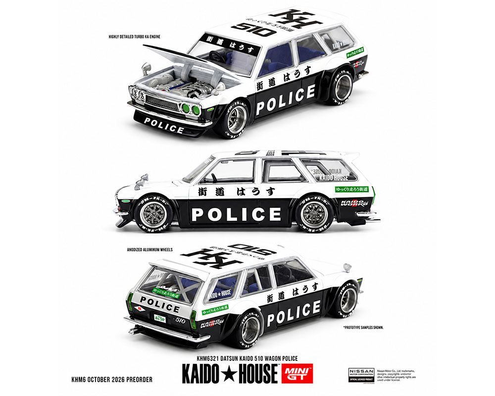 Kaido House x Mini GT Datsun KAIDO 510 Wagon Police - Black White Two-Tone