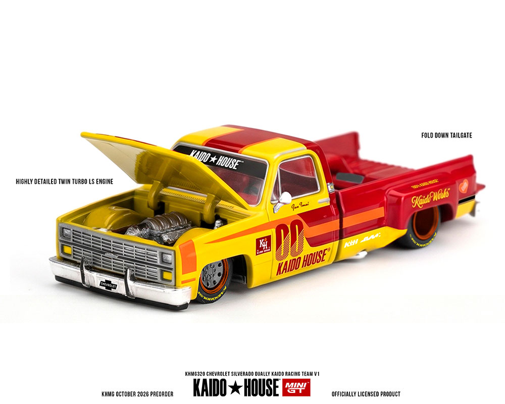 Kaido House x Mini GT Chevrolet Silverado Dually Kaido Racing Team V1 - Yellow Red Two- Tone